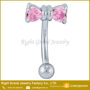 Surgical Steel Double Pink Heart Zircon Prong Setting Bowknot Eyebrow Piercing Ring